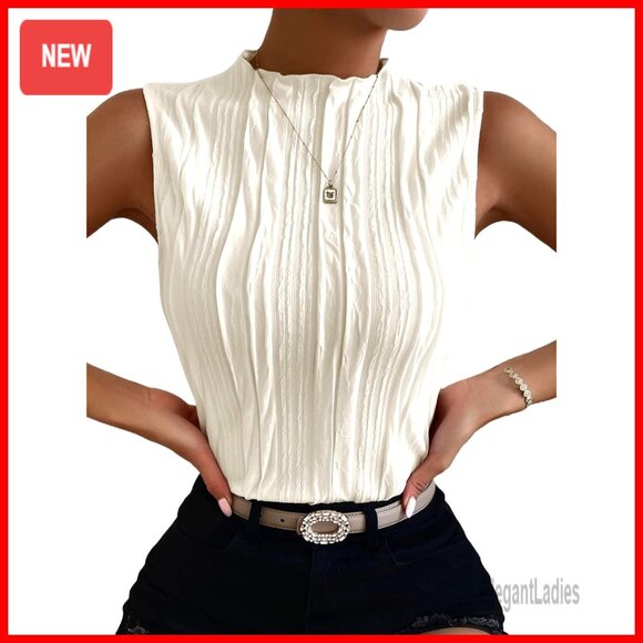 Tops - Sleeveless Mock Neck Tank Top Regular Fit Polyester Blend Office Casual